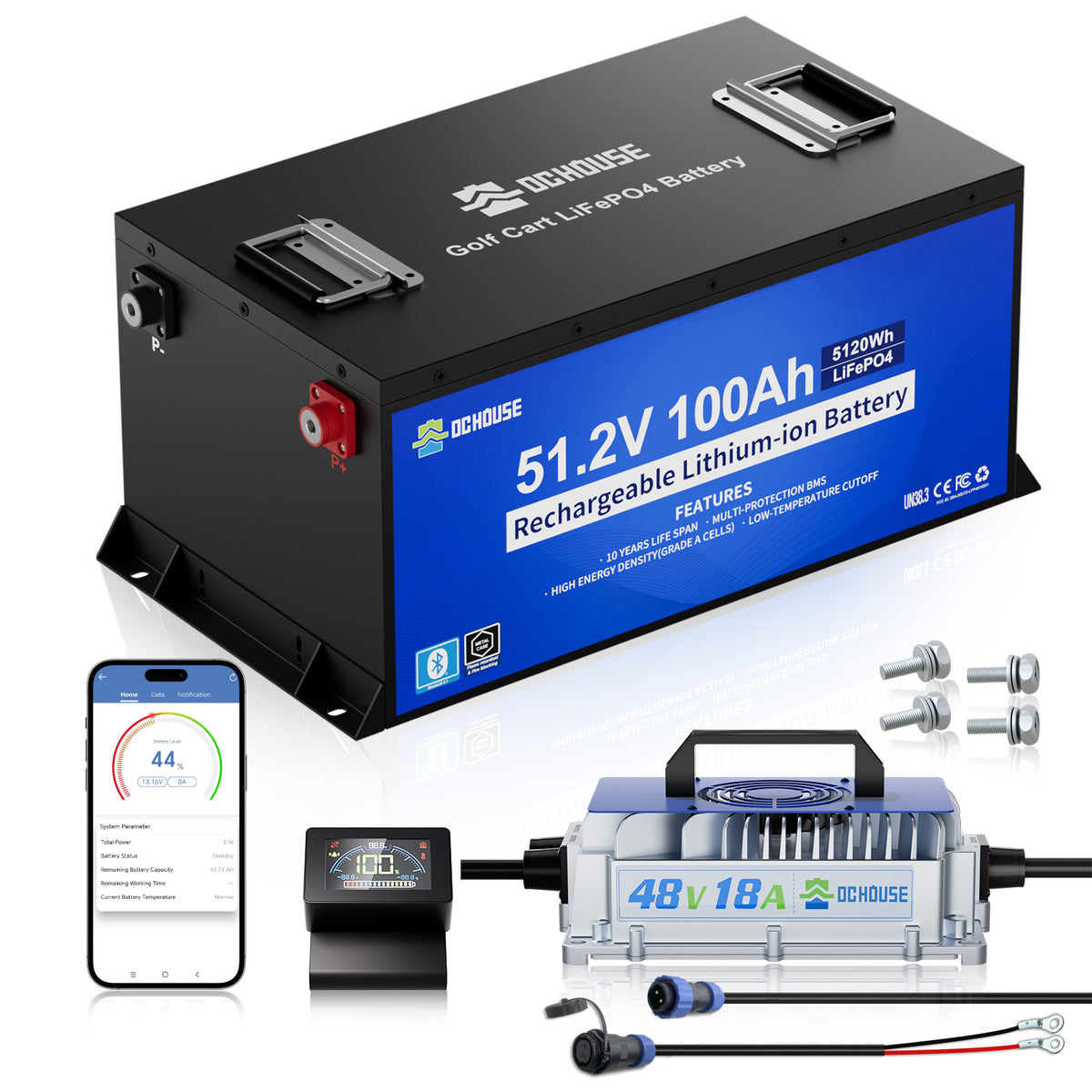 DC HOUSE Dependable 48V 100Ah LiFePO4 Metal Case Battery with Charger - Ideal for Golf Carts
