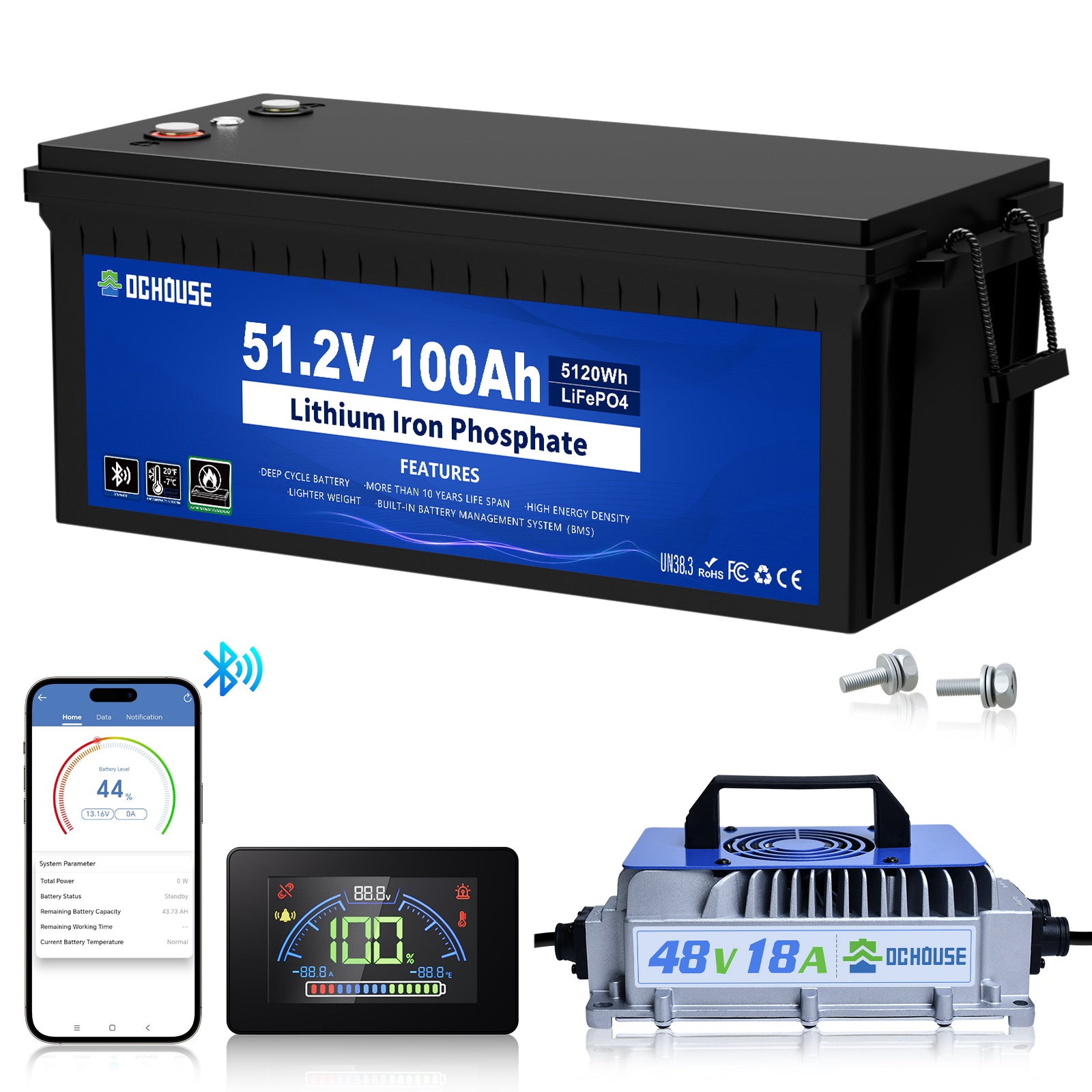 48V 100Ah LiFePO4 Bluetooth, Low Temp Protection Deep Cycle Battery & Charger( 3 Years Warranty)