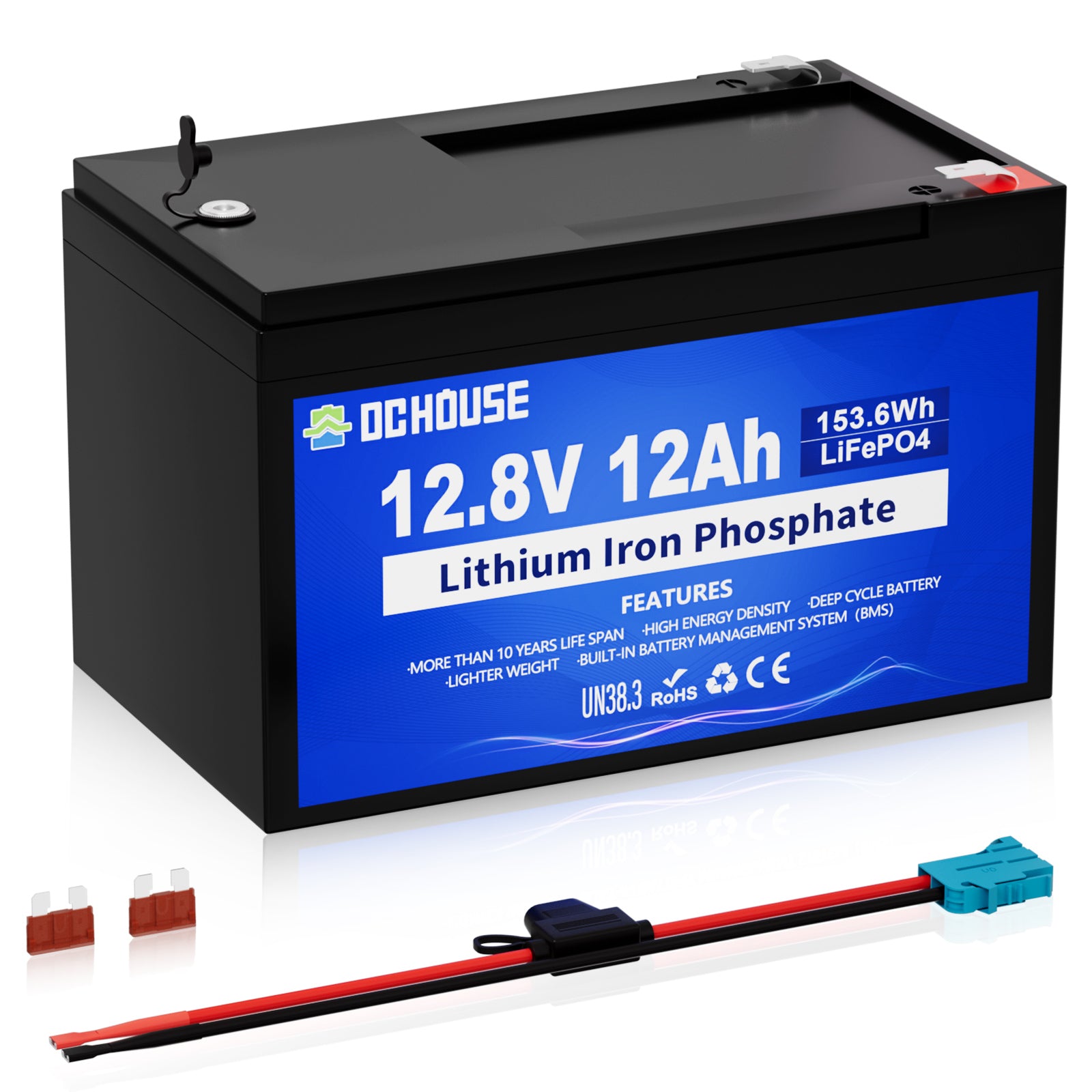 12V 12Ah Deep Cycle LiFePO4 Lithium Battery, with Fuse Harness & DC Port