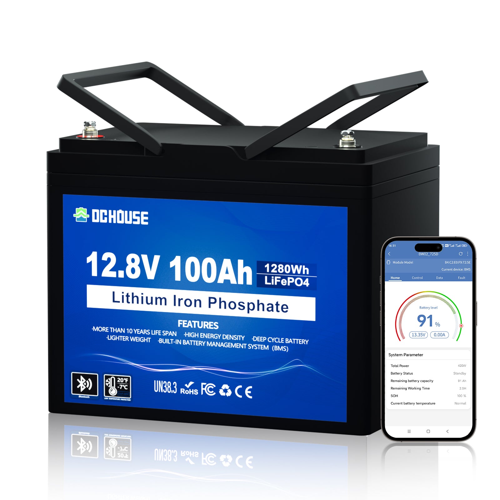 12V 100Ah Deep Cycle LiFePO4 Bluetooth & Low Temp Protection Battery