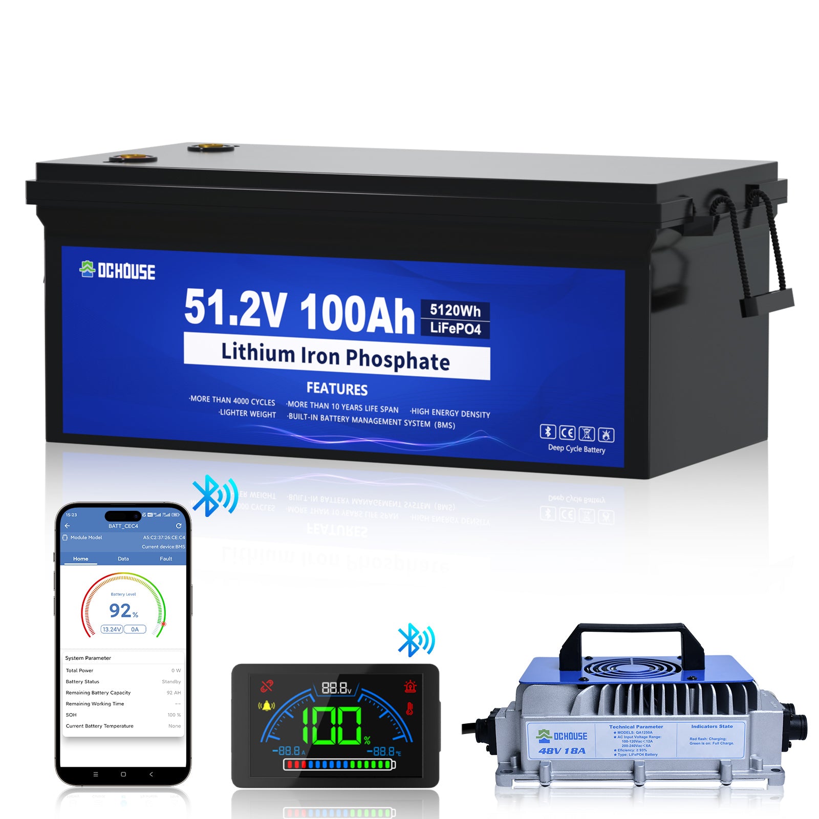 48V 100Ah LiFePO4 Bluetooth Deep Cycle Battery & Charger（ 3 Years Warranty）