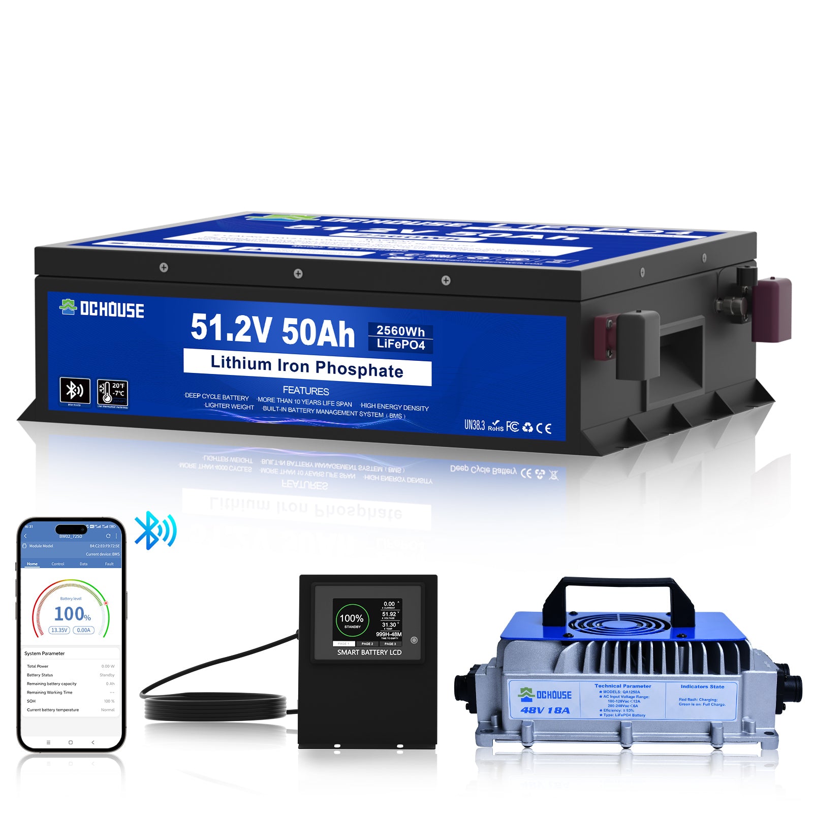 48V 50Ah LiFePO4 Bluetooth & Low Temp Protection Battery & Charger